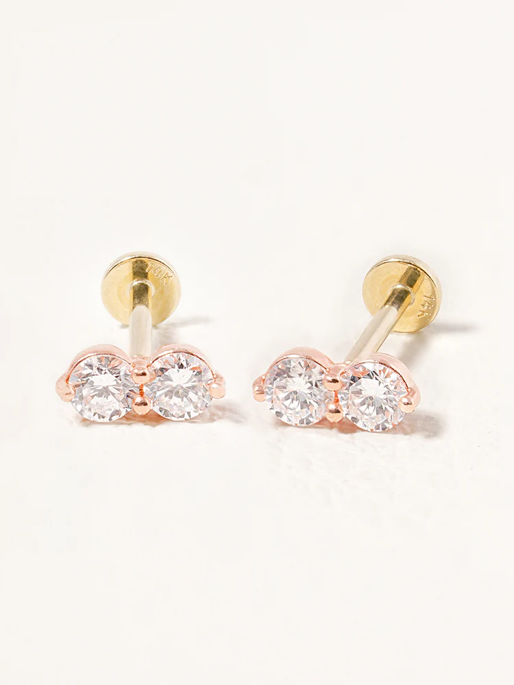 14K Solid Gold Lab Diamond Two Stone Two Way Internally Threaded Labret Piercing 20G - Image 3