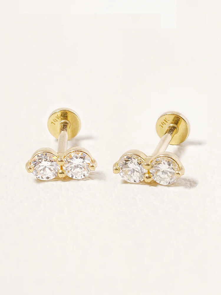 14K Solid Gold Lab Diamond Two Stone Two Way Internally Threaded Labret Piercing 20G - Image 5