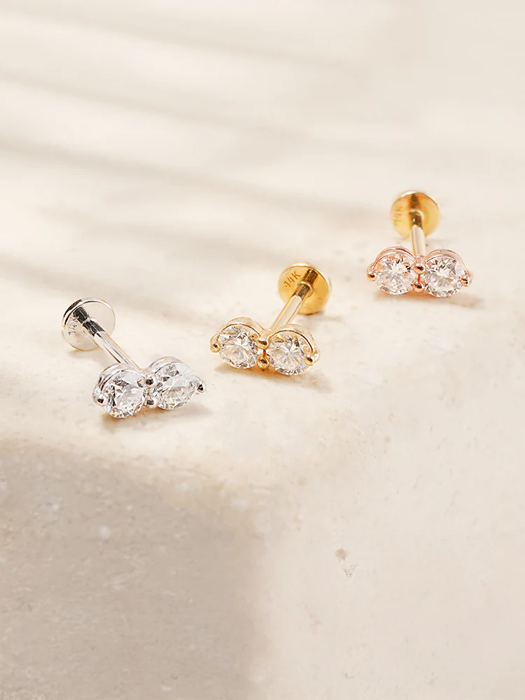 14K Solid Gold Lab Diamond Two Stone Two Way Internally Threaded Labret Piercing 20G - Image 9