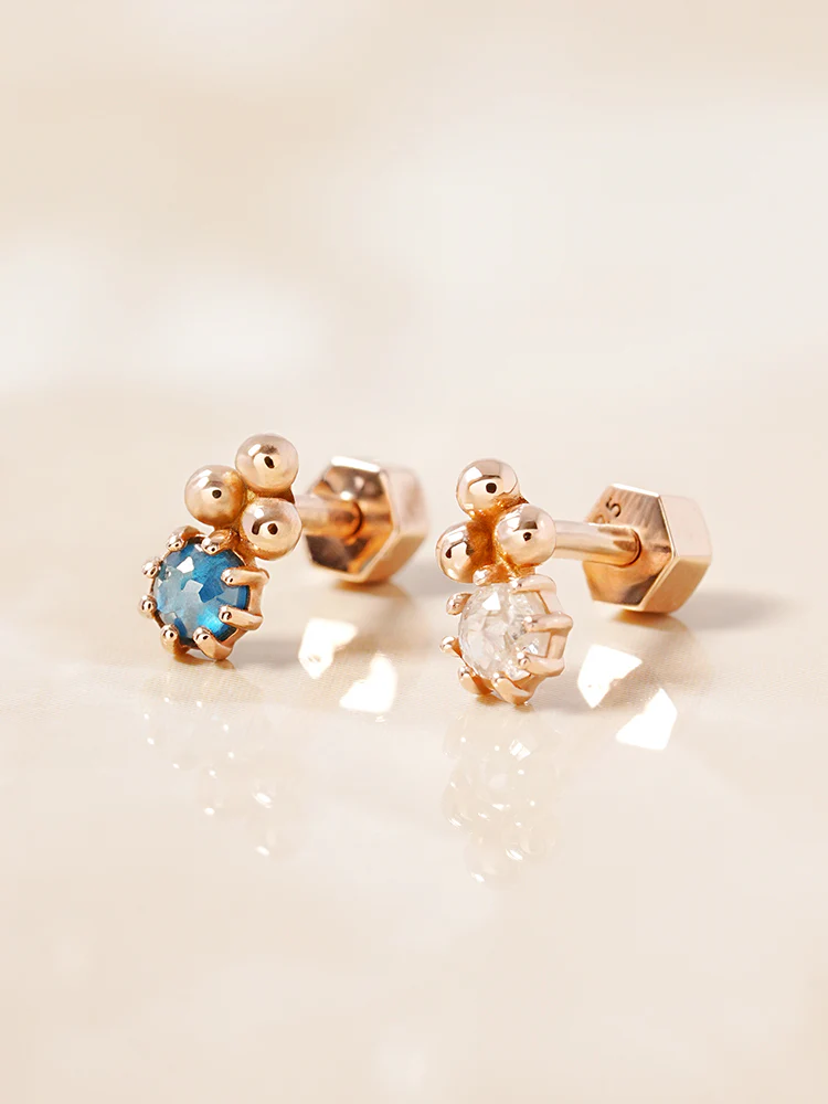 14K Solid Gold Labien Rough Diamond Cartilage Earring 18G