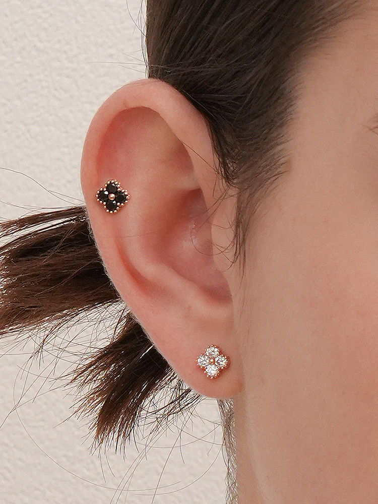 14K Solid Gold Midnight Clover Bloom Cartilage Earring 18G16G - Image 2