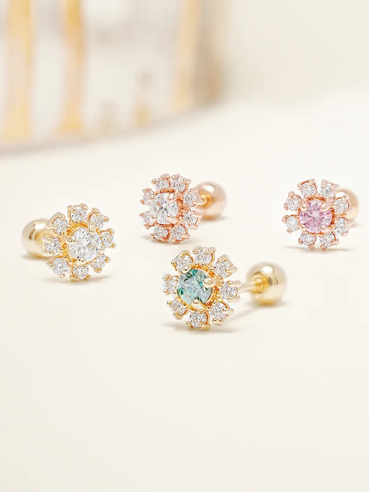 14K Solid Gold Moissanite Dia Daisy Cartilage Earring 20G18G16G