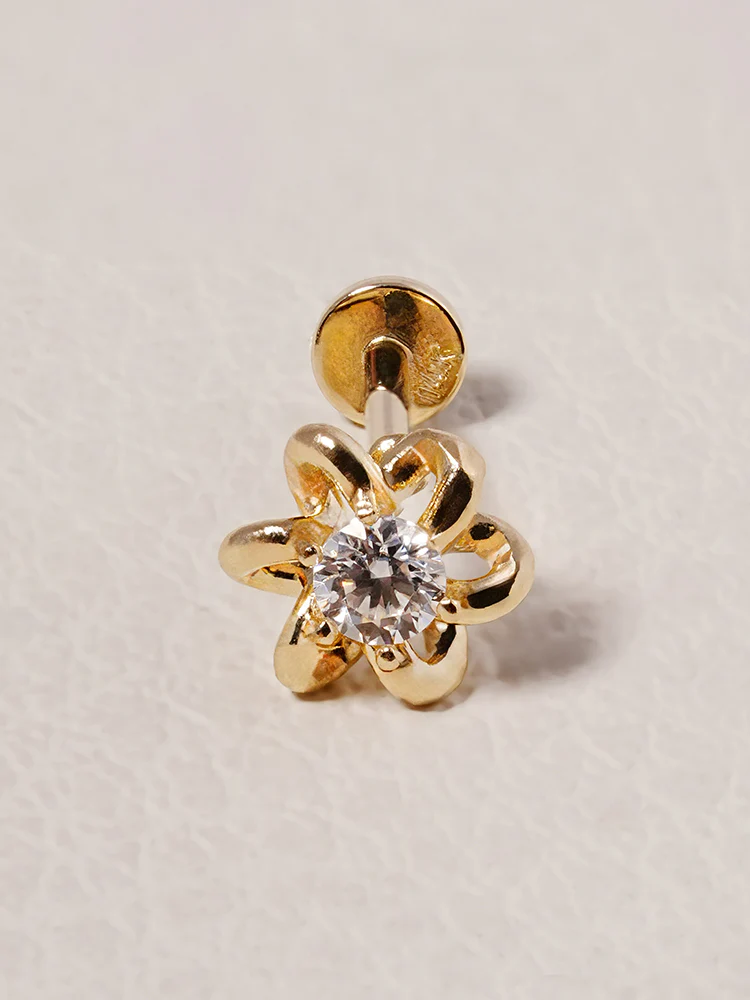 14K Solid Gold Moissanite Dia Daisy Loop Internally Threaded Labret Piercing 20G - Image 16