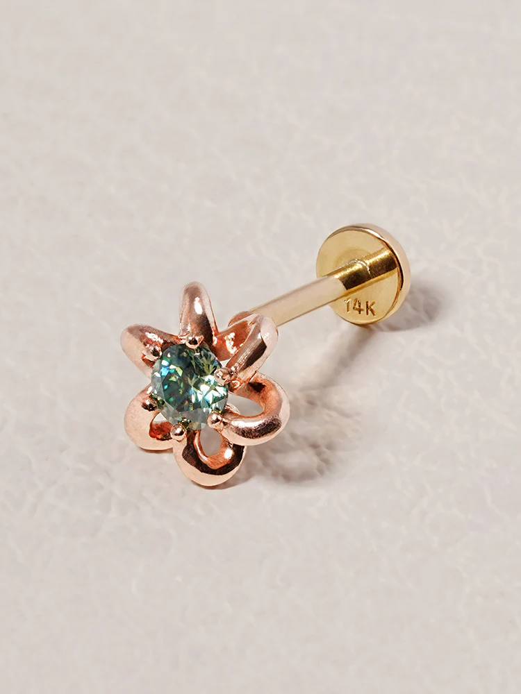 14K Solid Gold Moissanite Dia Daisy Loop Internally Threaded Labret Piercing 20G - Image 23