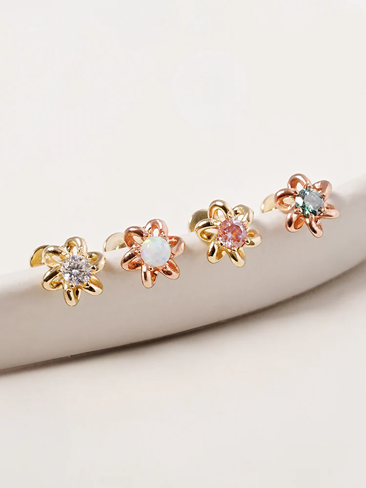 14K Solid Gold Moissanite Dia Daisy Loop Internally Threaded Labret Piercing 20G - Image 3