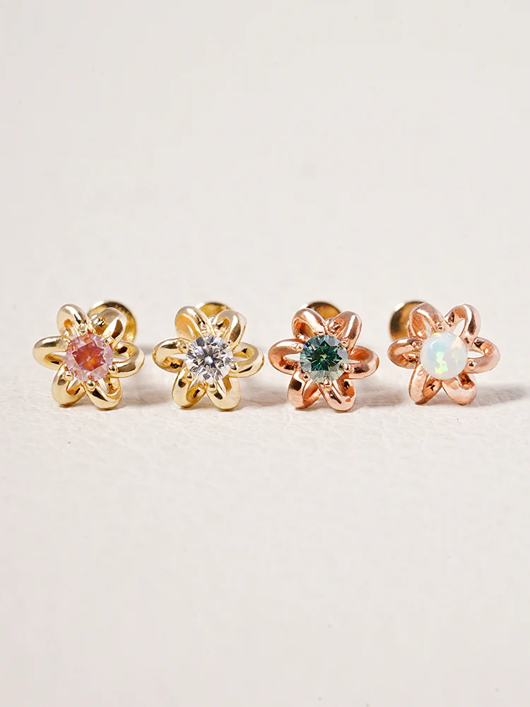 14K Solid Gold Moissanite Dia Daisy Loop Internally Threaded Labret Piercing 20G - Image 5