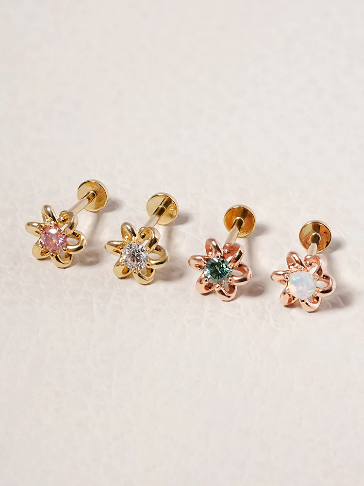 14K Solid Gold Moissanite Dia Daisy Loop Internally Threaded Labret Piercing 20G - Image 7