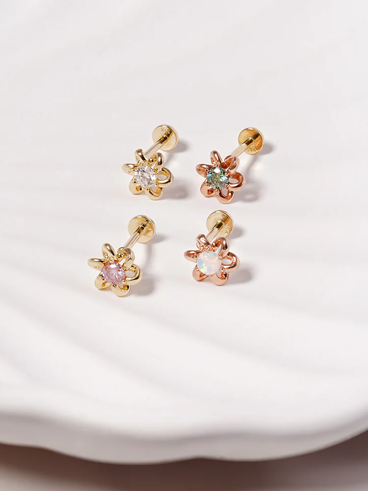 14K Solid Gold Moissanite Dia Daisy Loop Internally Threaded Labret Piercing 20G - Image 9