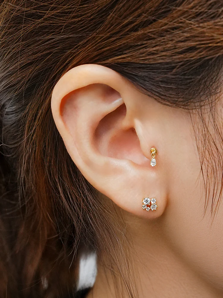 14K Solid Gold Moissanite Dia Five Sparkle Cartilage Earring 20G - Image 2