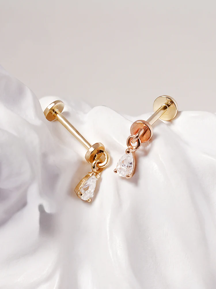 14K Solid Gold Moissanite Dia Teardrop Drop Internally Threaded Labret Piercing 20G - Image 10
