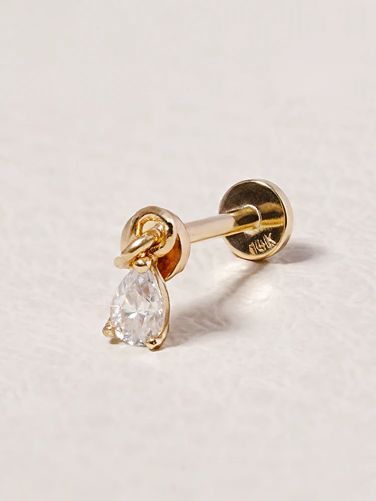 14K Solid Gold Moissanite Dia Teardrop Drop Internally Threaded Labret Piercing 20G - Image 3