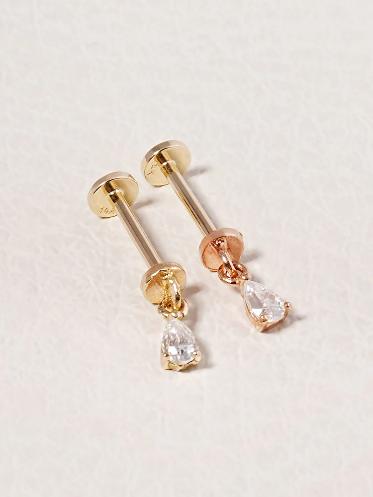 14K Solid Gold Moissanite Dia Teardrop Drop Internally Threaded Labret Piercing 20G - Image 7