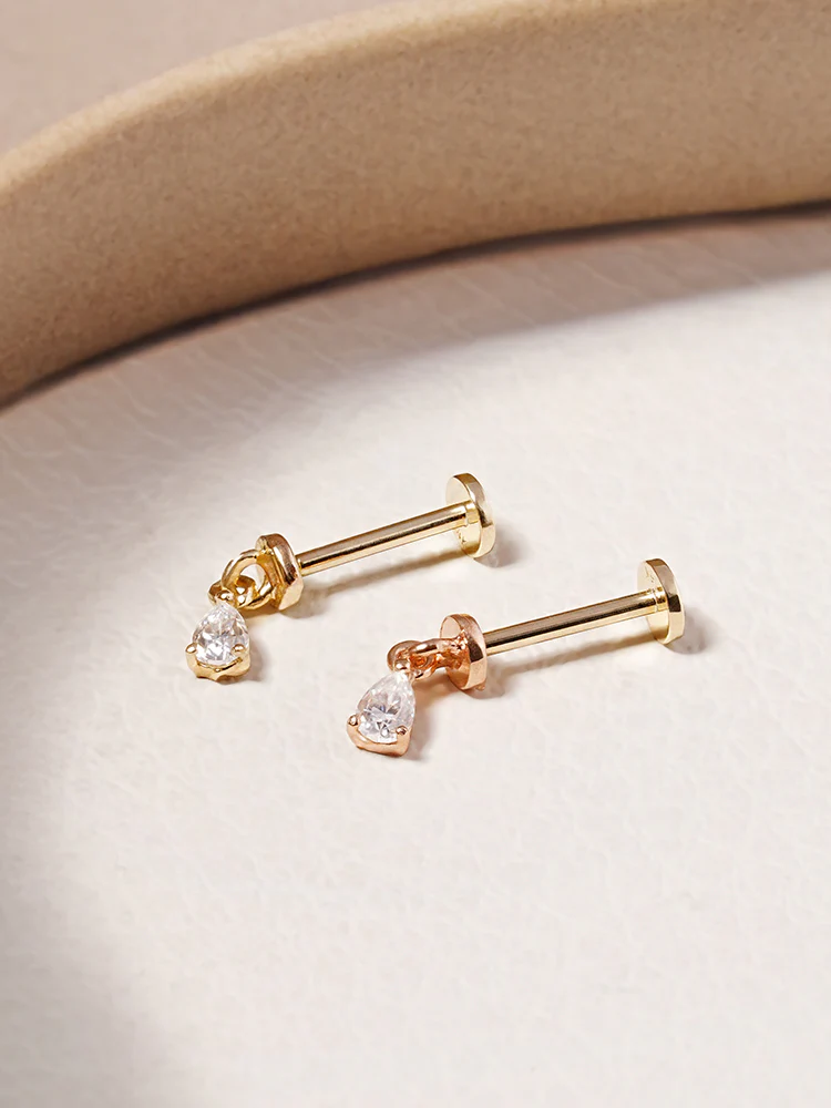 14K Solid Gold Moissanite Dia Teardrop Drop Internally Threaded Labret Piercing 20G - Image 9