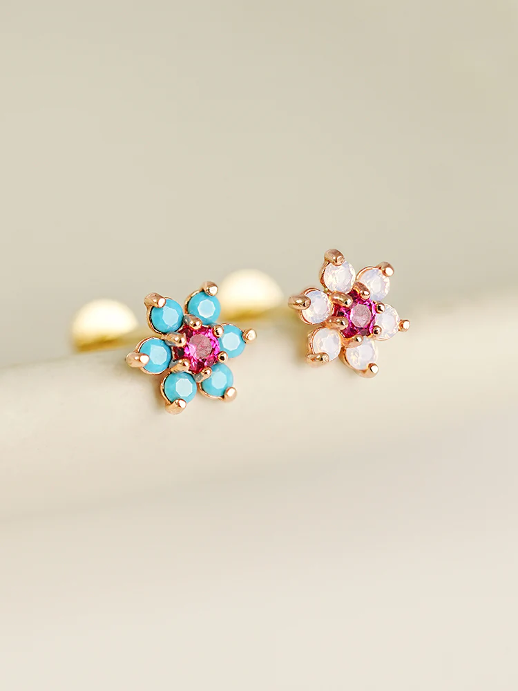 14K Solid Gold Opal Turquoise Cubic Flower Internally Threaded Labret Piercing 20G - Image 5