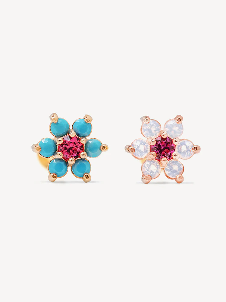 14K Solid Gold Opal Turquoise Cubic Flower Internally Threaded Labret Piercing 20G - Image 10