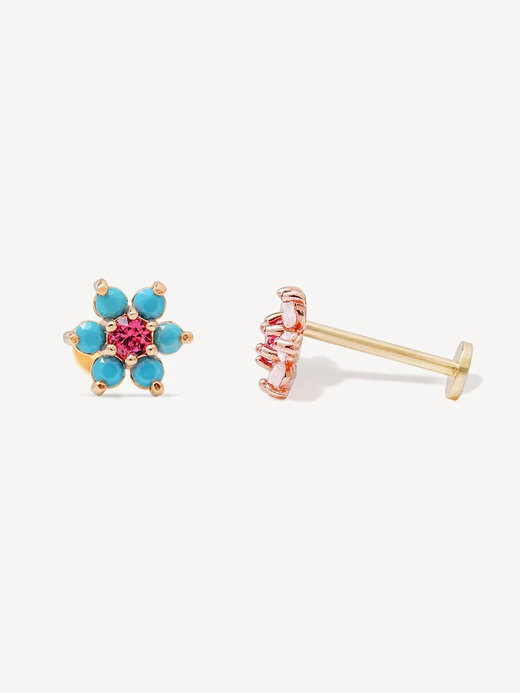 14K Solid Gold Opal Turquoise Cubic Flower Internally Threaded Labret Piercing 20G - Image 11
