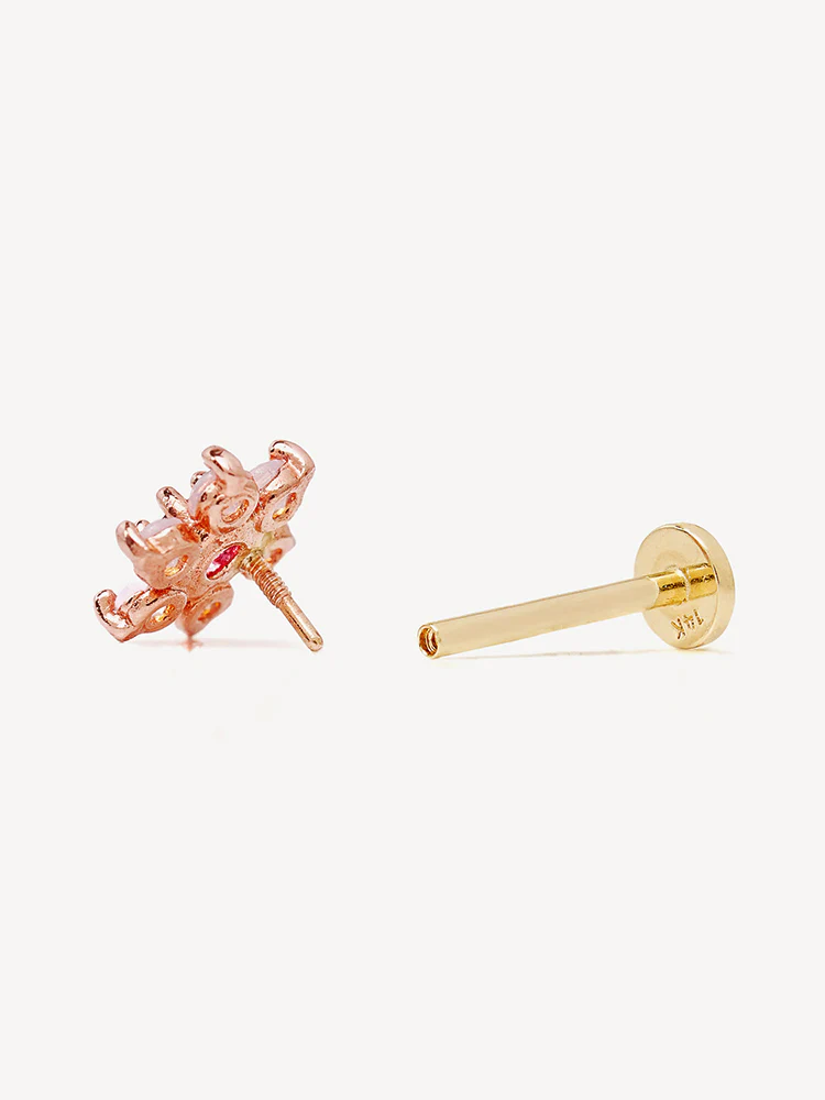 14K Solid Gold Opal Turquoise Cubic Flower Internally Threaded Labret Piercing 20G - Image 12