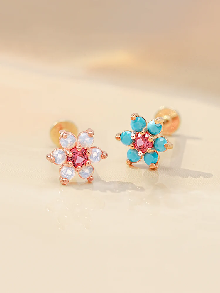 14K Solid Gold Opal Turquoise Cubic Flower Internally Threaded Labret Piercing 20G - Image 3