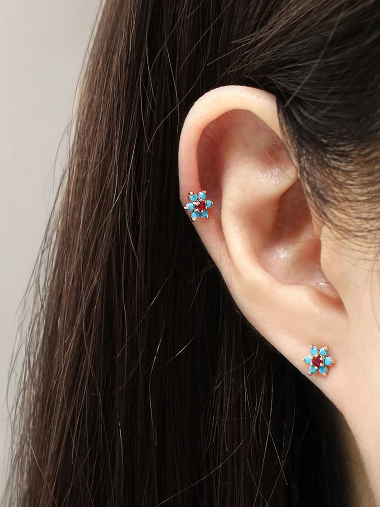 14K Solid Gold Opal Turquoise Cubic Flower Internally Threaded Labret Piercing 20G - Image 6