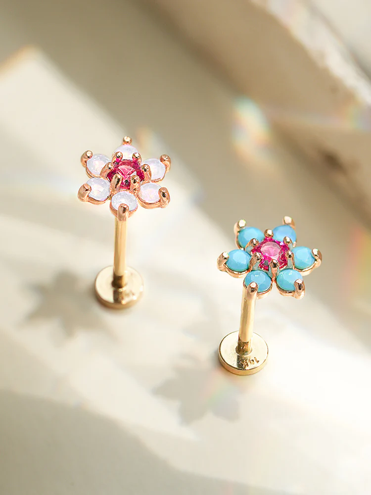 14K Solid Gold Opal Turquoise Cubic Flower Internally Threaded Labret Piercing 20G - Image 7