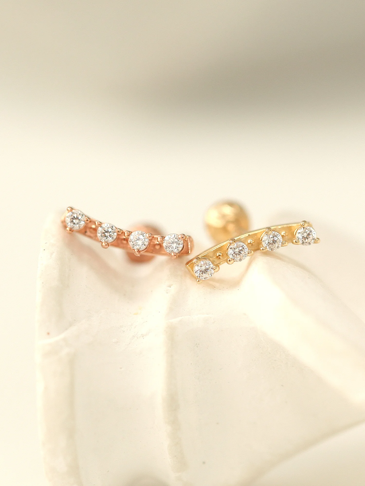 14K Gold Curved CZ Bar Cartilage Earring 18G16G - Image 3