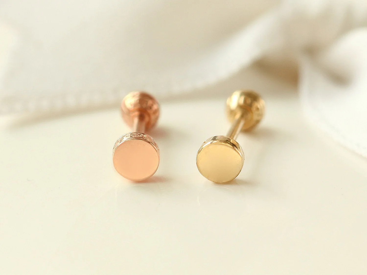 14K Gold Button Cartilage Earring 18G16G - Image 7