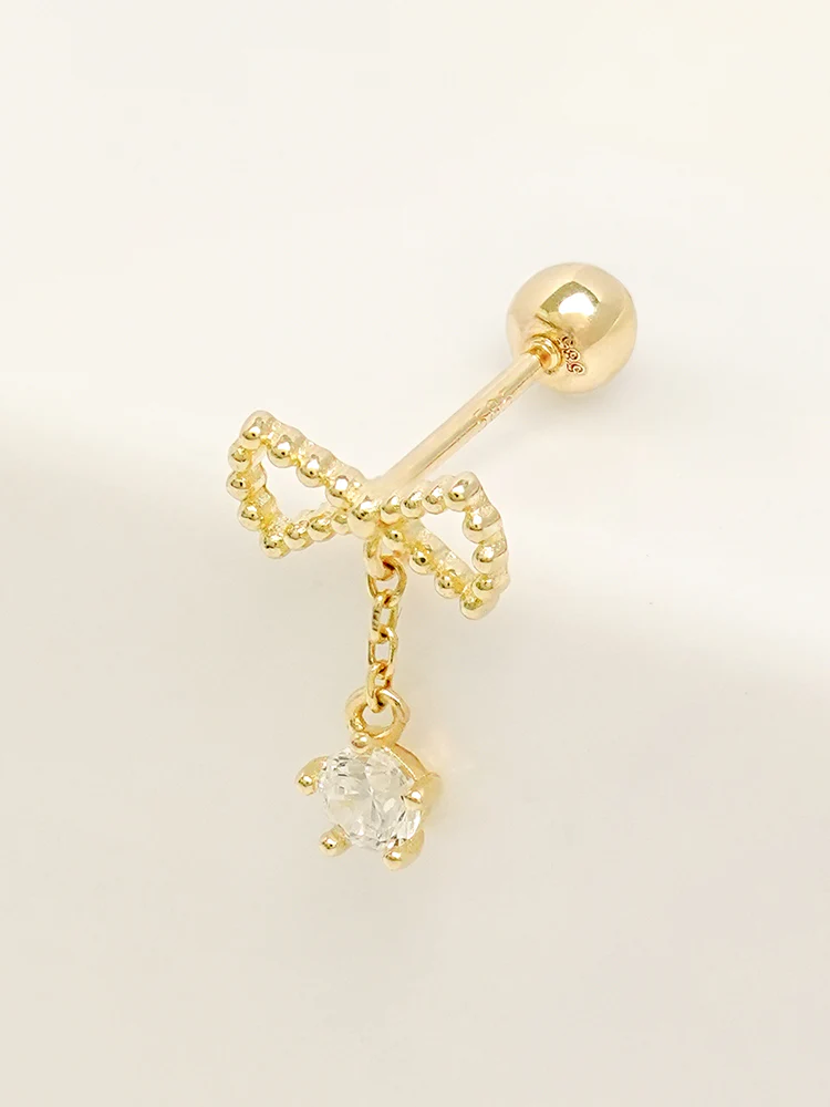 14K Solid Gold Ribbon Drop Cubic Cartilage Earring 20G - Image 11