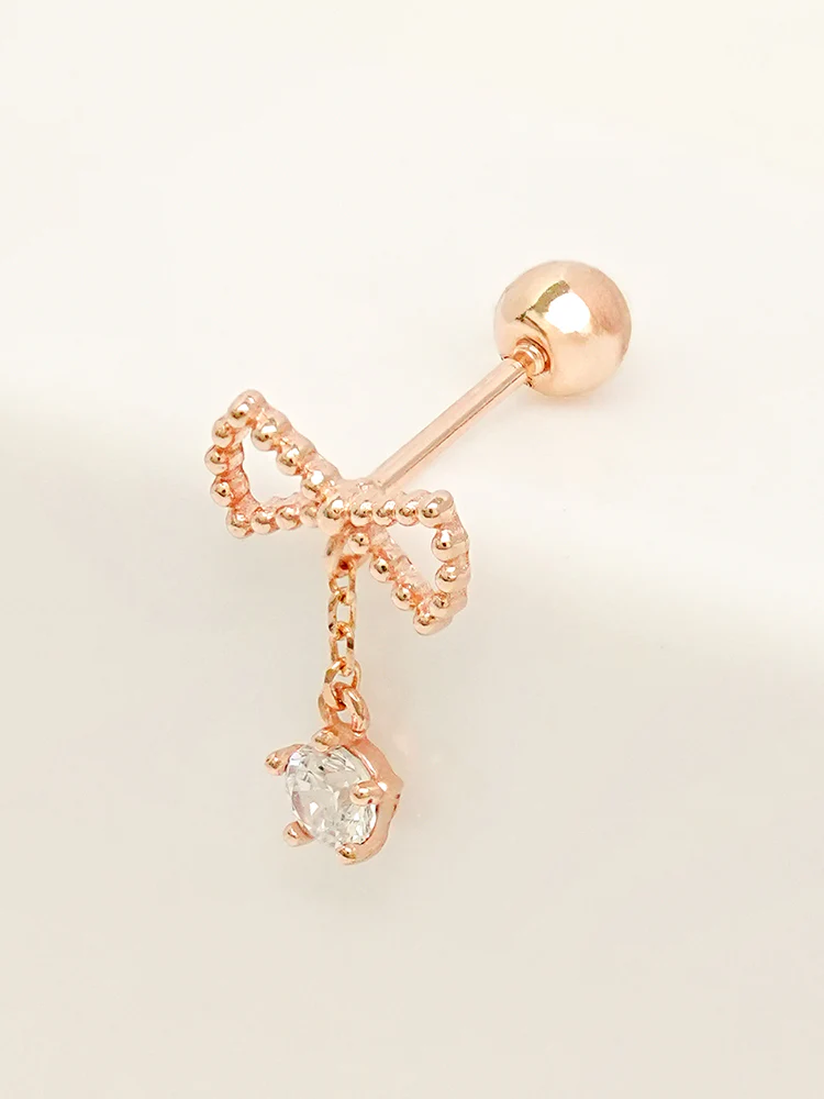 14K Solid Gold Ribbon Drop Cubic Cartilage Earring 20G - Image 12