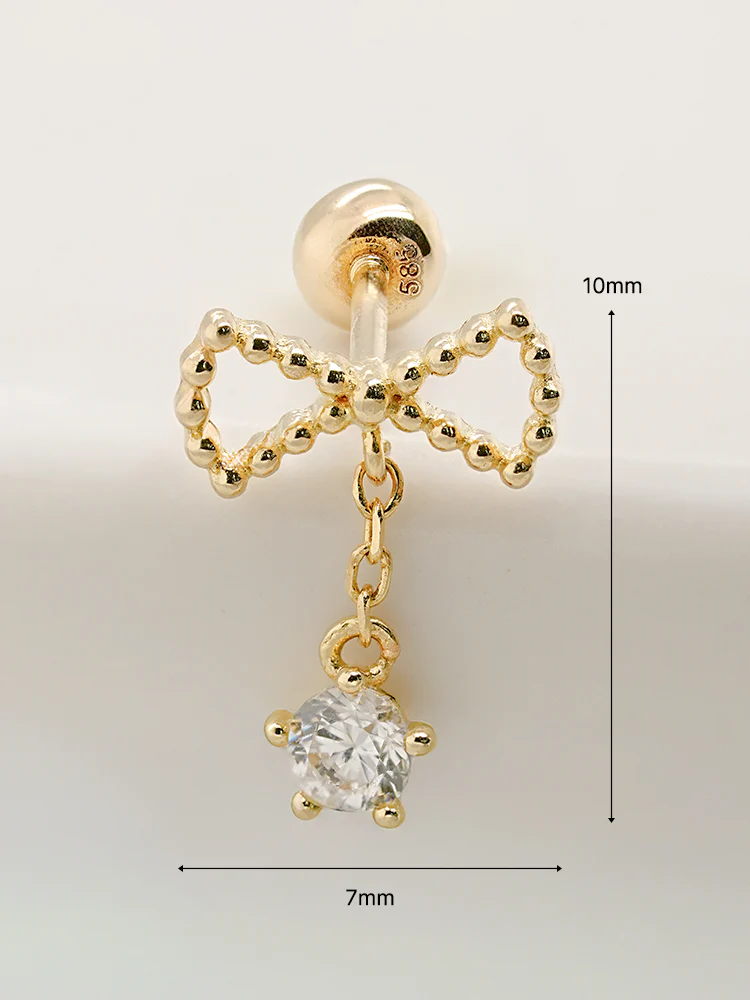 14K Solid Gold Ribbon Drop Cubic Cartilage Earring 20G - Image 14