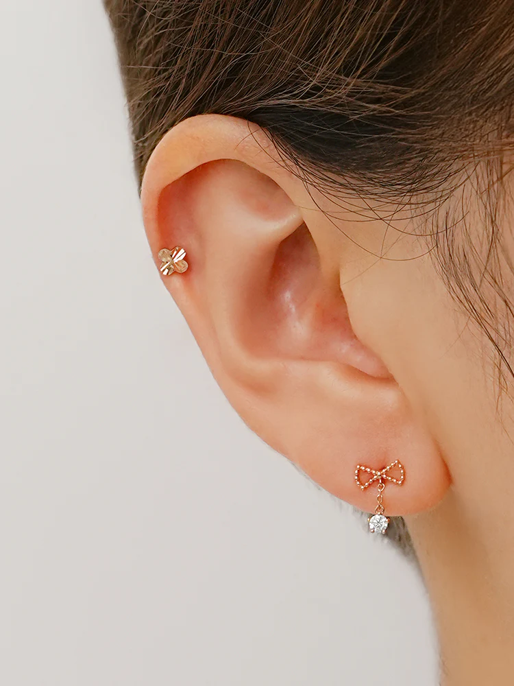 14K Solid Gold Ribbon Drop Cubic Cartilage Earring 20G - Image 2