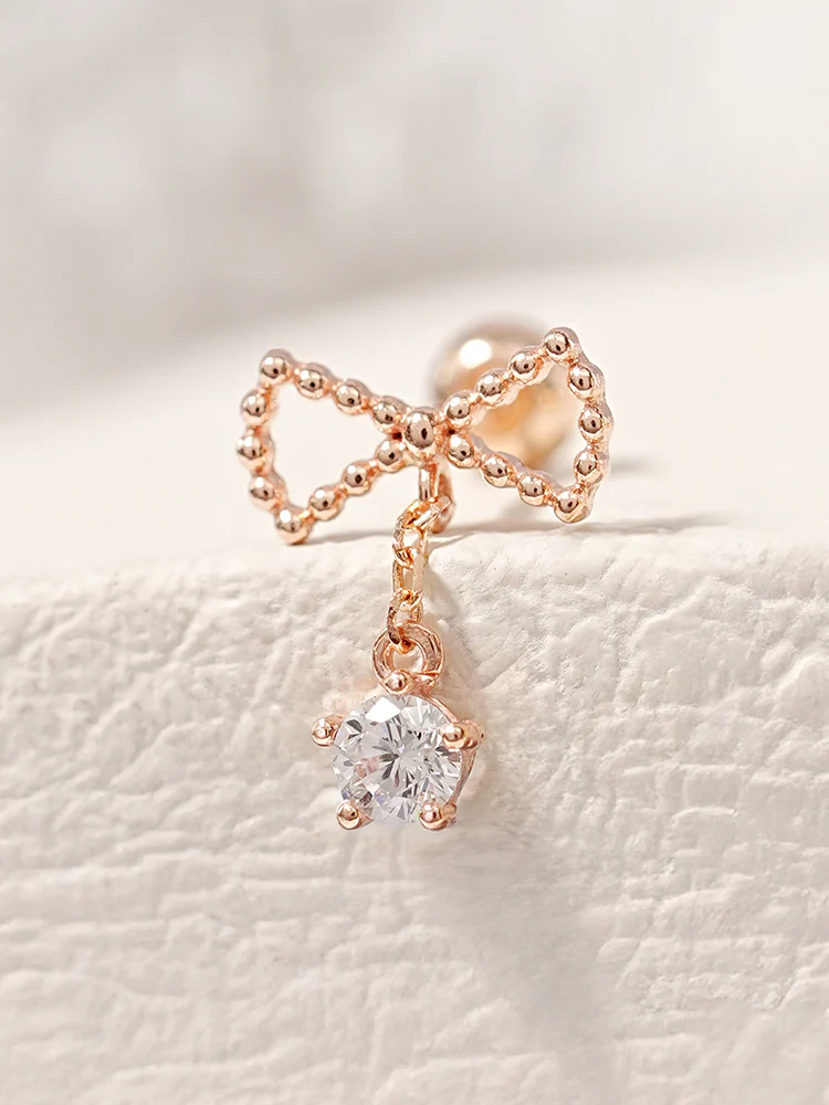 14K Solid Gold Ribbon Drop Cubic Cartilage Earring 20G - Image 3