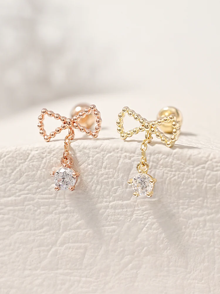 14K Solid Gold Ribbon Drop Cubic Cartilage Earring 20G - Image 5