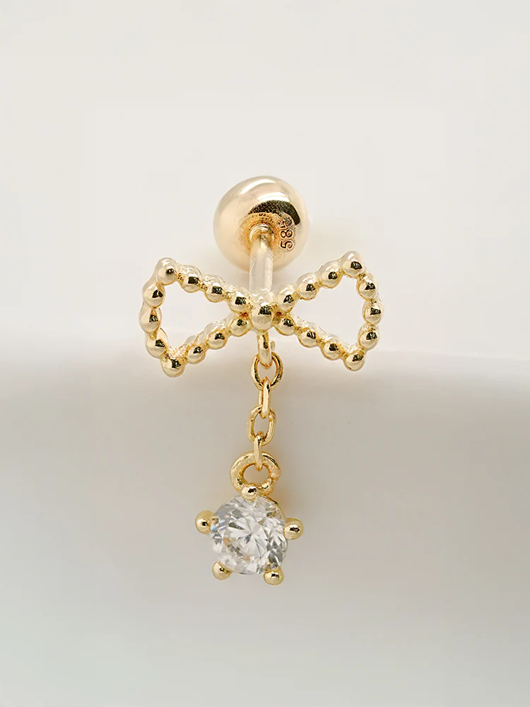 14K Solid Gold Ribbon Drop Cubic Cartilage Earring 20G - Image 9