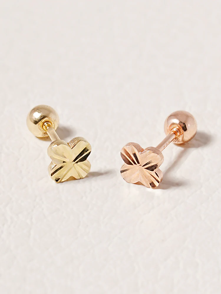 14K Solid Gold Shining Clover Cutting Cartilage Earring 20G
