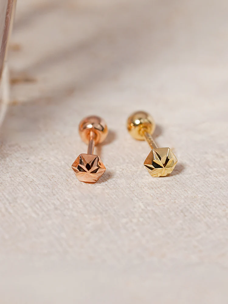 14K Solid Gold Shining Hexagonal Cutting Cartilage Earring 20G - Image 2