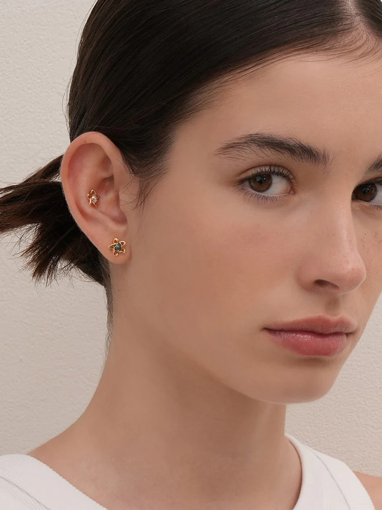 14K Solid Gold Star Line Rough Diamond Cartilage Earring 18G - Image 2