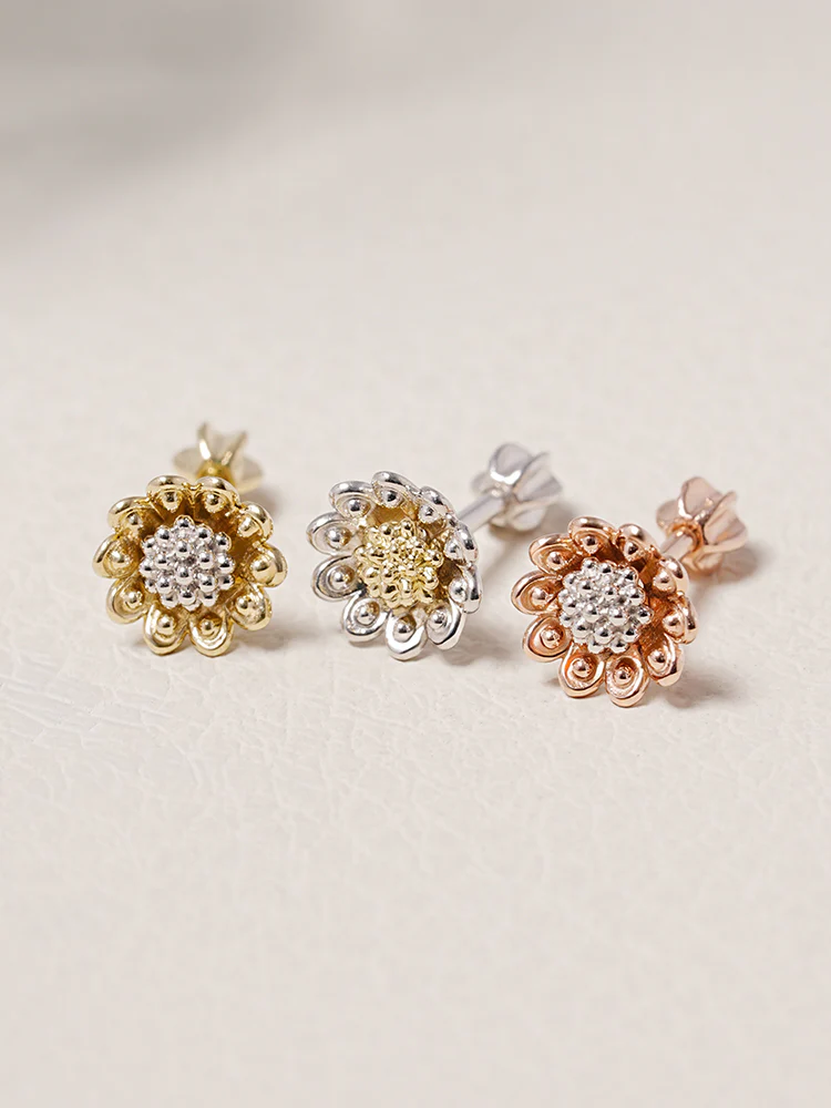 14K Solid Gold Sunflower Bloom Cartilage Earring 18G16G - Image 3