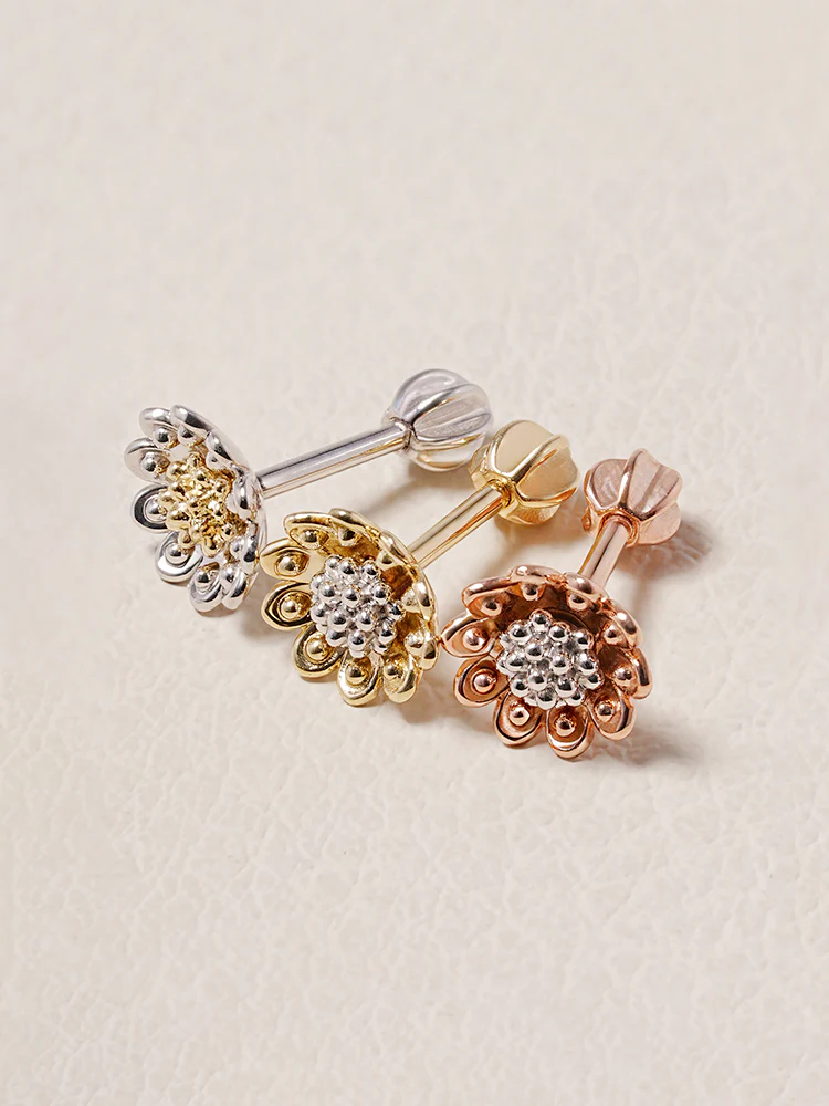 14K Solid Gold Sunflower Bloom Cartilage Earring 18G16G - Image 9