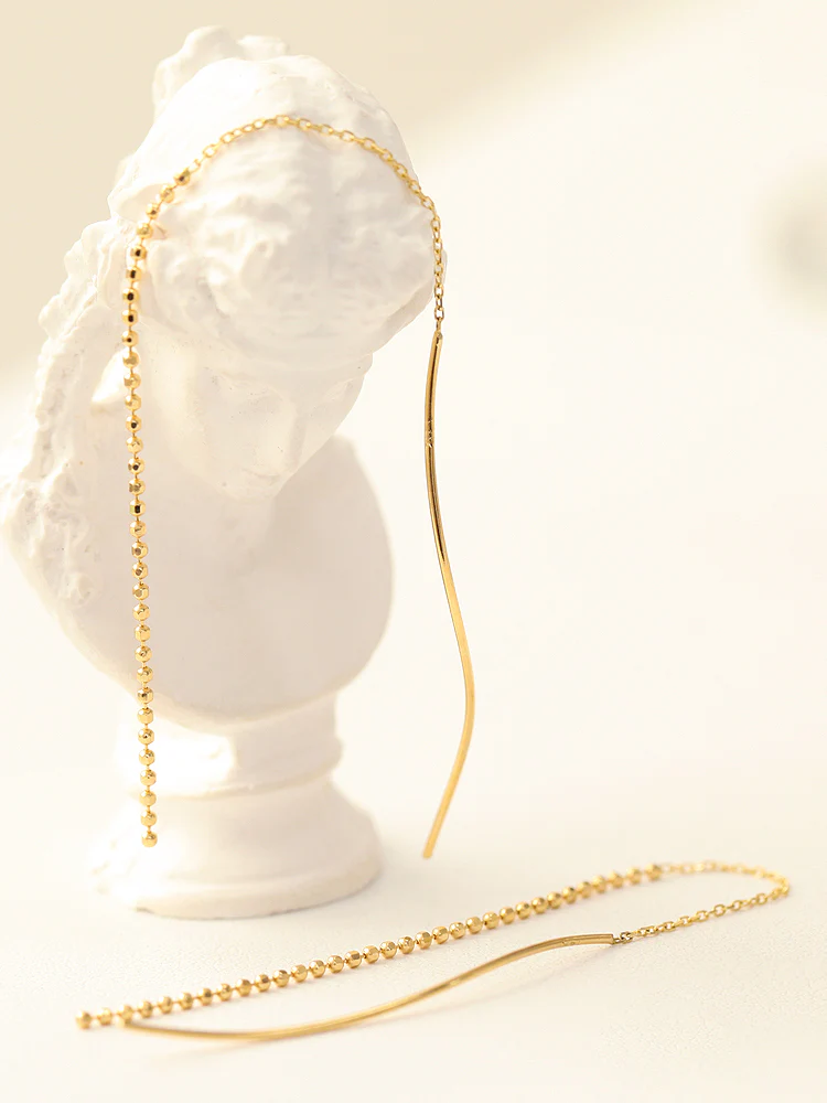14K Gold Wave Threader Long Chain Threader Earring - Image 5
