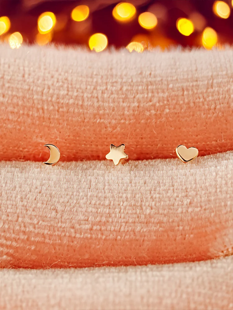 14K Solid Gold Tiny Heart Star Moon Internally Threaded Labret Piercing 20G - Image 7