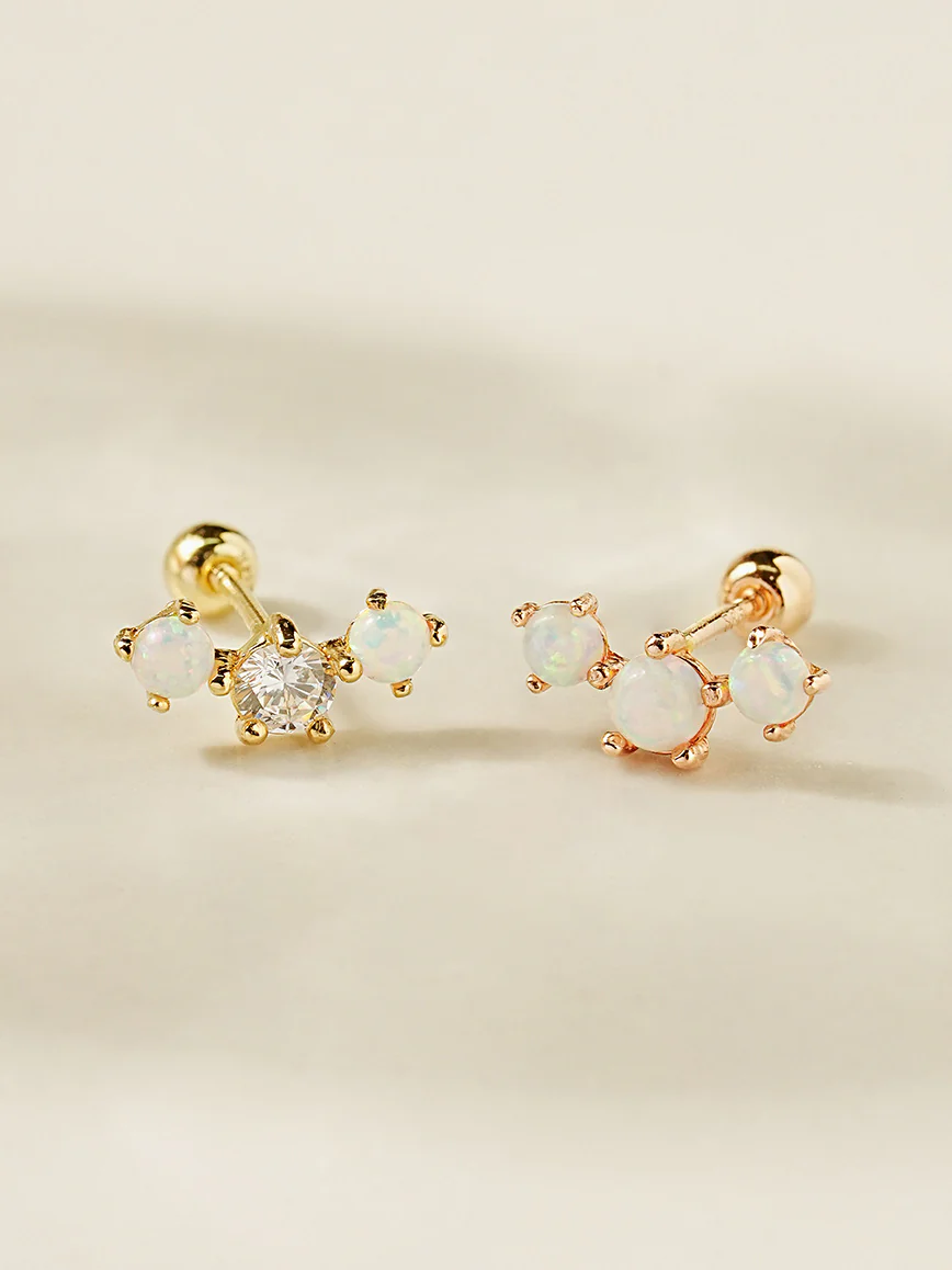 14K Solid Gold Triple Opal Cubic Cartilage Earring 20G18G16G - Image 3