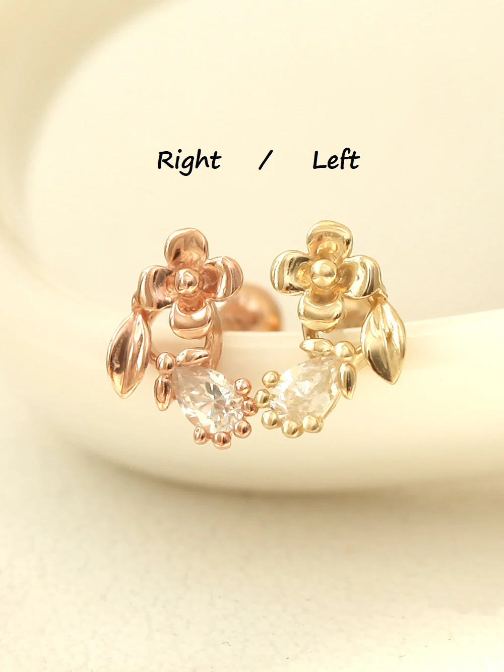 14K Gold Teardrop Flower Leaf Cartilage Earring 20G - Image 3