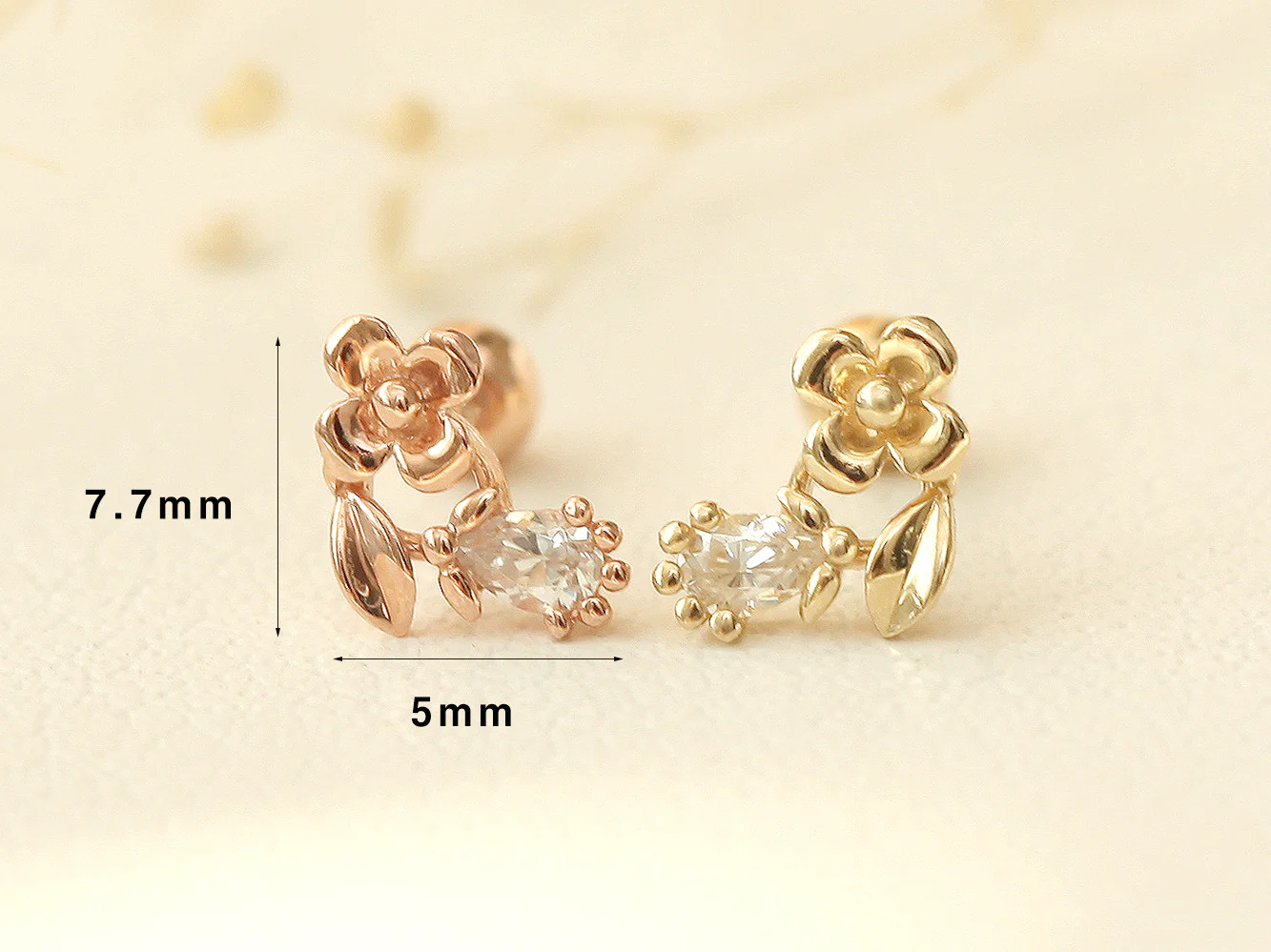 14K Gold Teardrop Flower Leaf Cartilage Earring 20G - Image 7