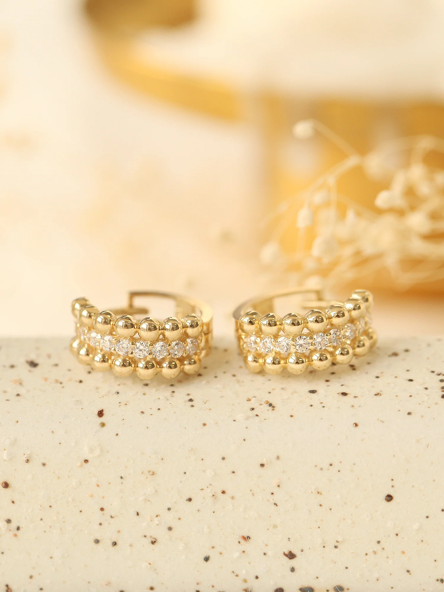 14K Gold Triple Cubic Ball Hoop Earring - Image 3