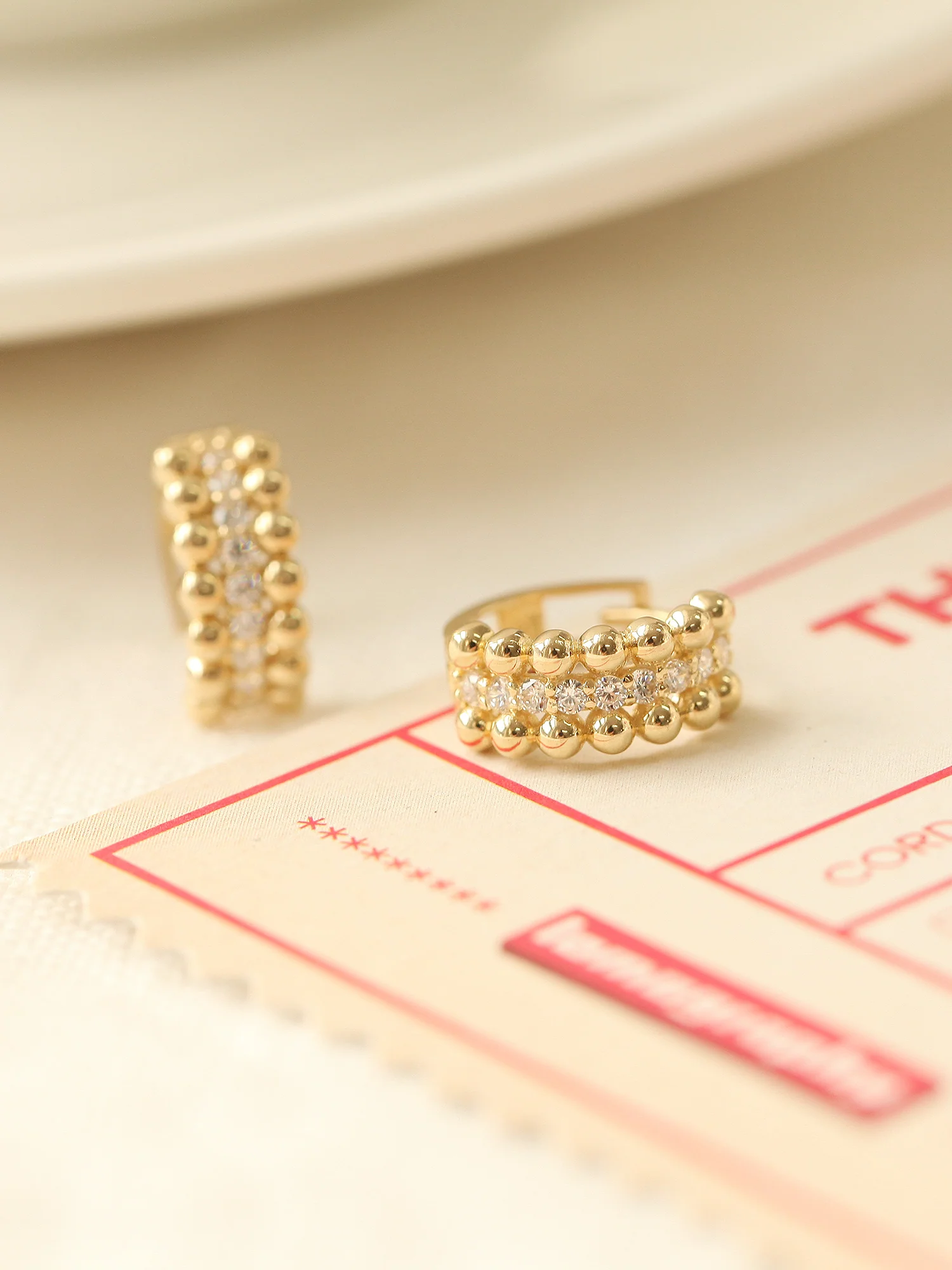 14K Gold Triple Cubic Ball Hoop Earring - Image 5