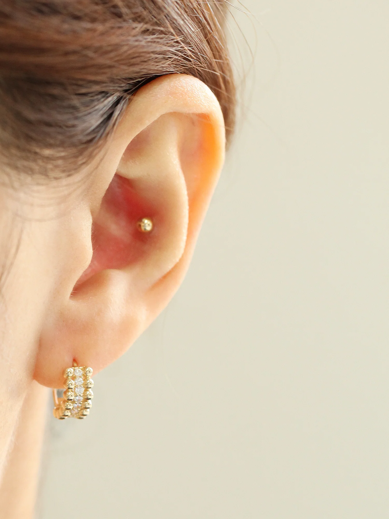 14K Gold Triple Cubic Ball Hoop Earring - Image 8