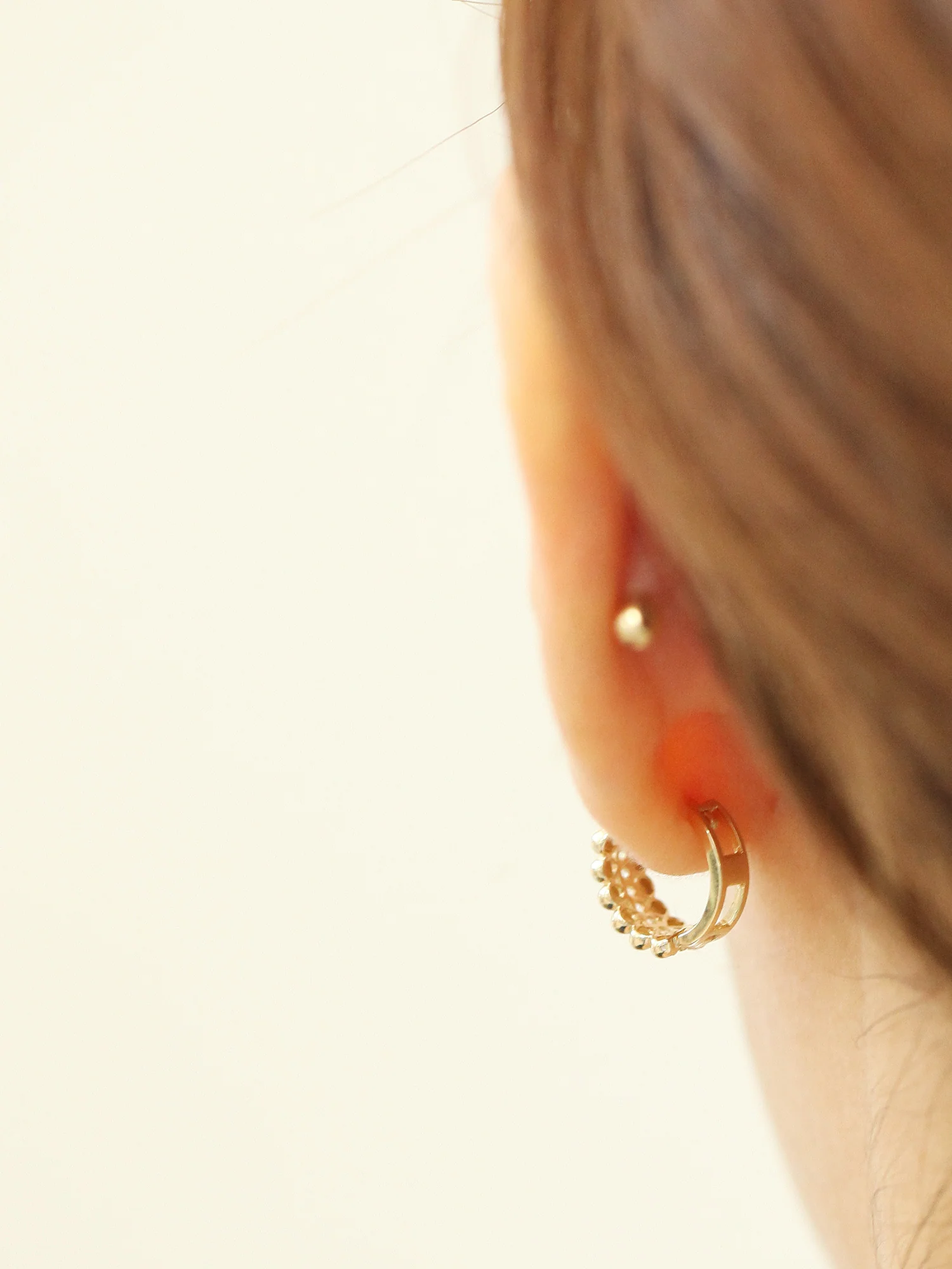 14K Gold Triple Cubic Ball Hoop Earring - Image 9