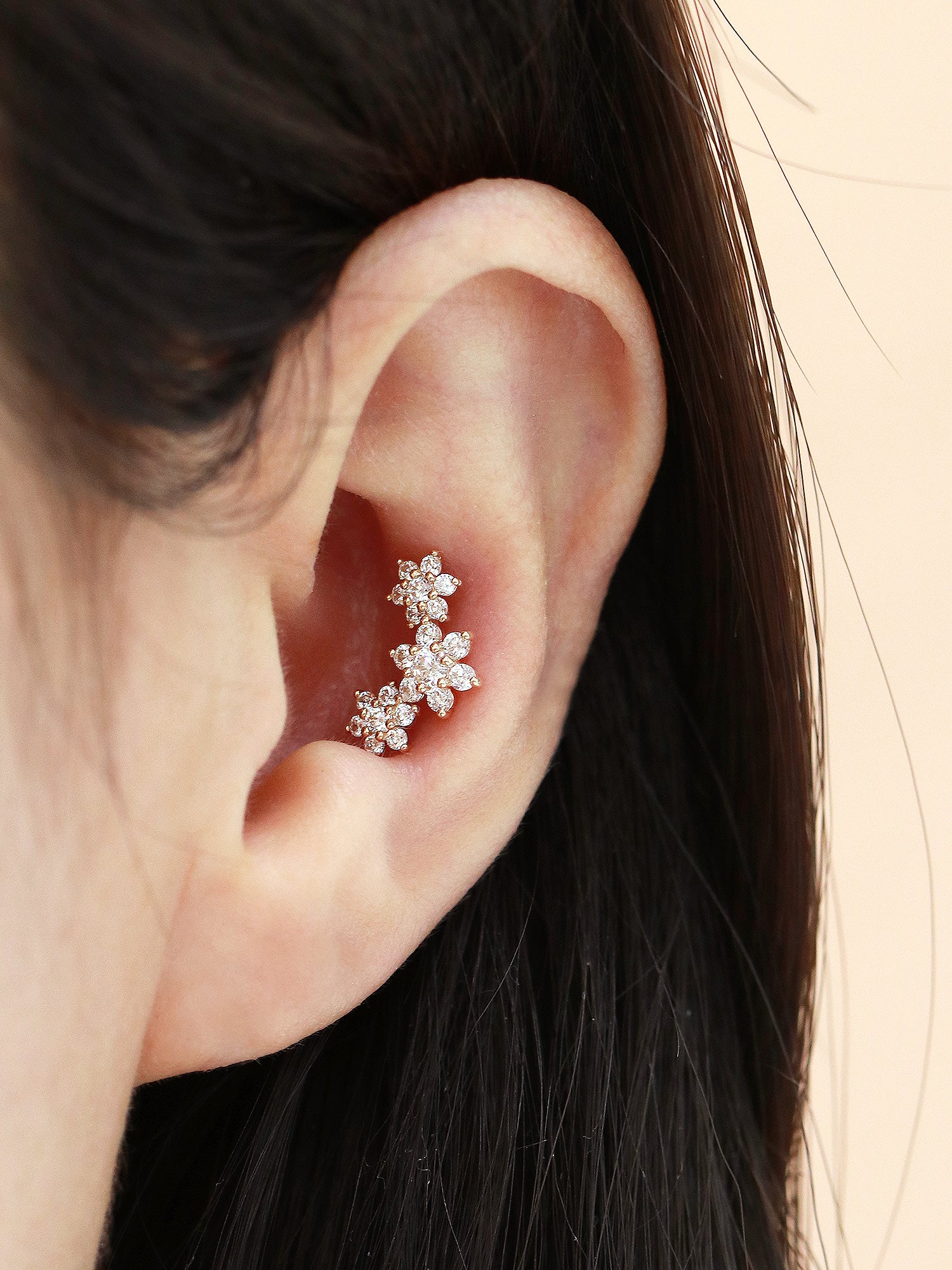 14K Gold Triple Flower Cartilage Earring 20G