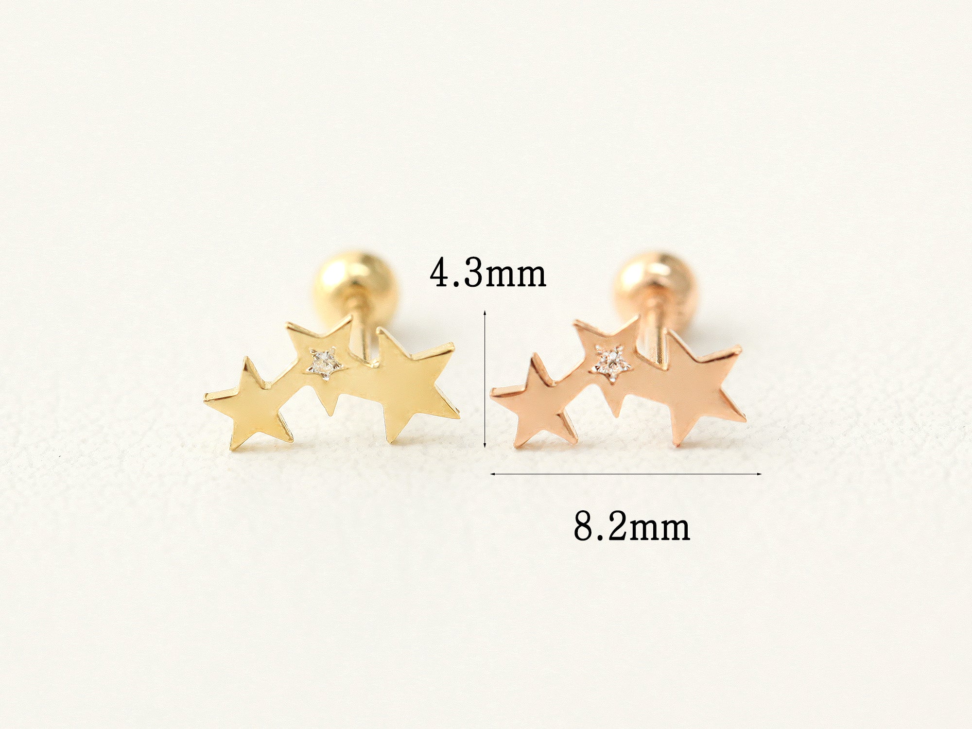 14K gold Triple Star Cubic Cartilage Earring 20G - Image 8