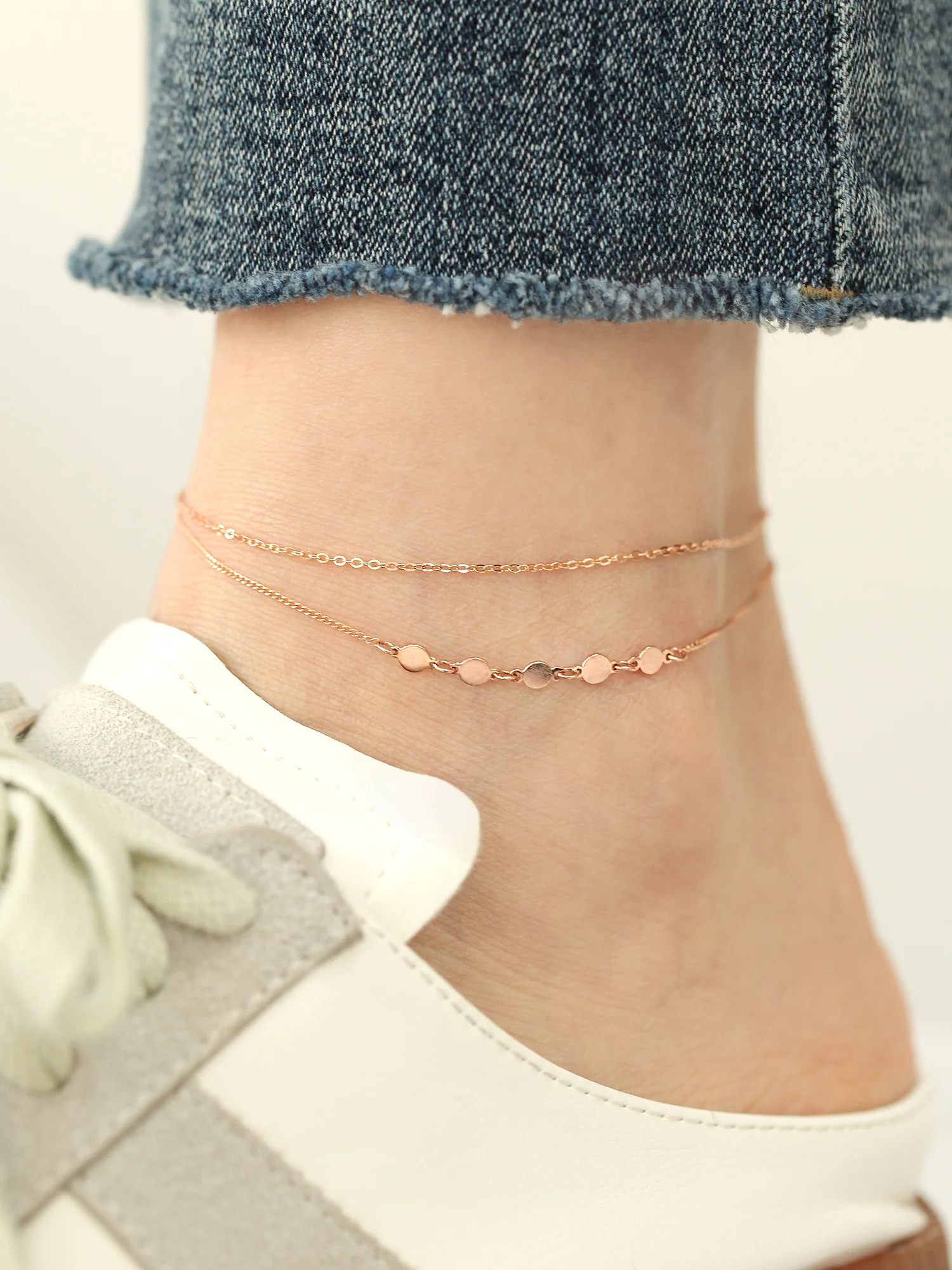 14K 18K Gold Two line Coin Layered Chain Anklet - Image 9